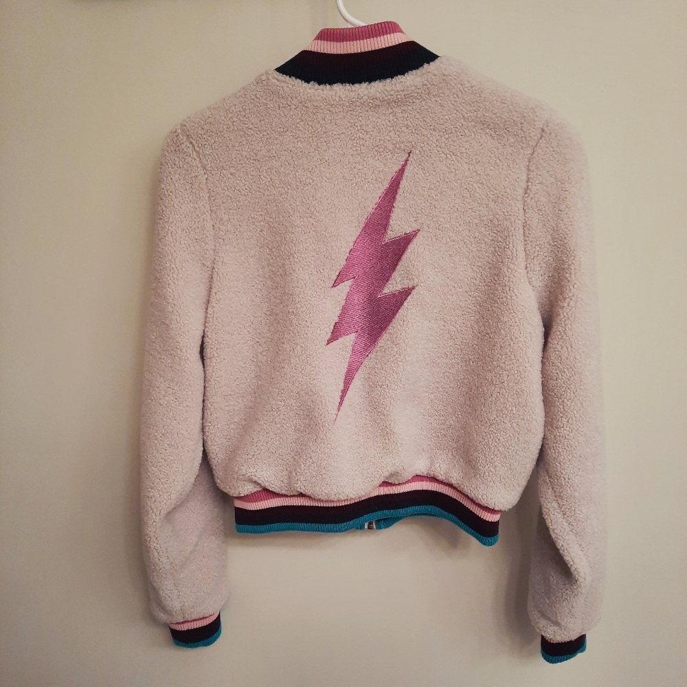 Spiritual Gangster Cream Bomber Jacket with Pink Lightning Bolt